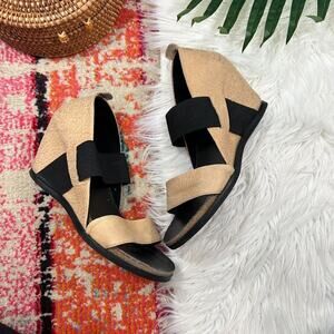 Lili Mill Neutral Tan Black Leather Wedge Sandals 37 / 7